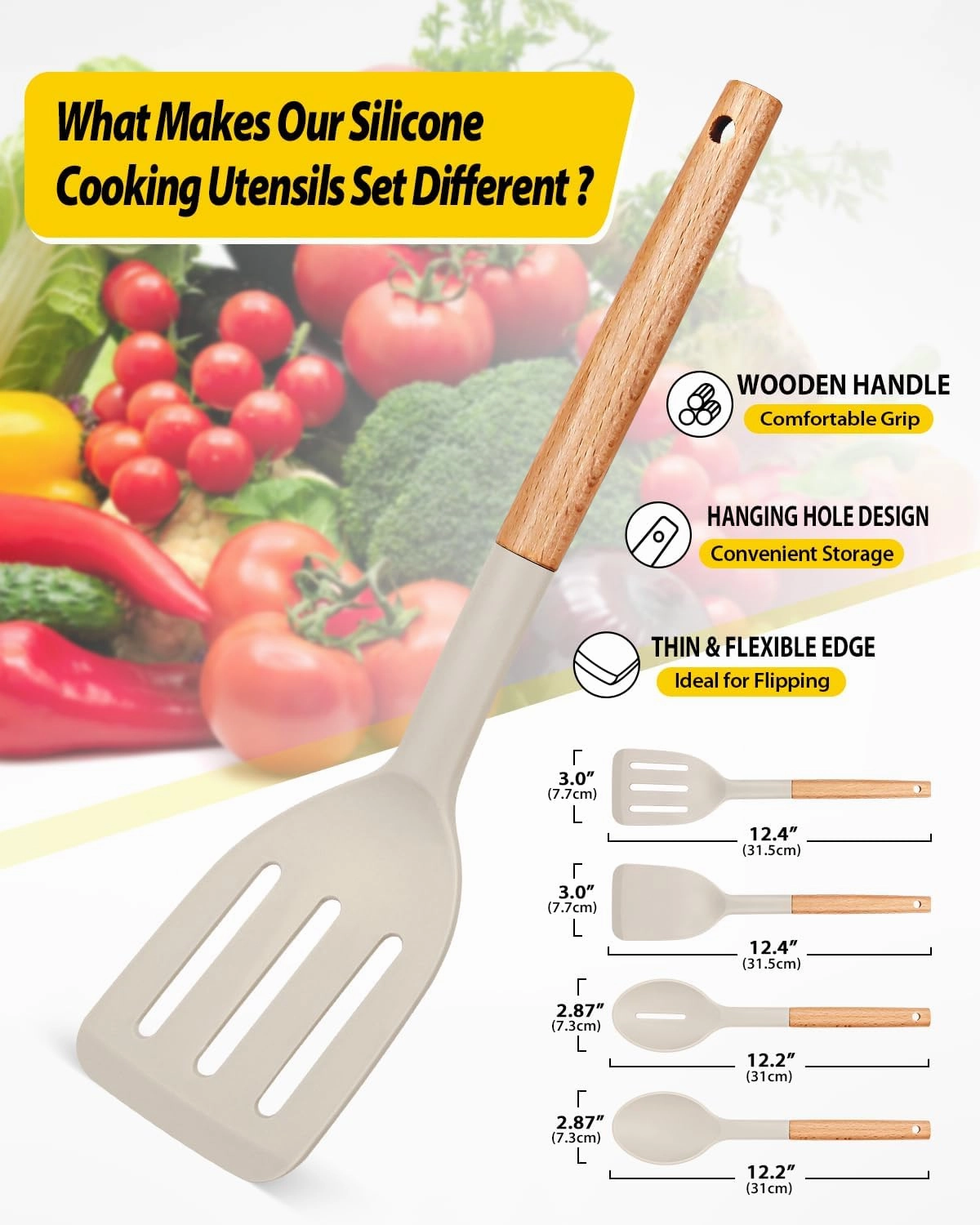 Pack of 4 Silicone Cooking Utensils Set, Non Stick Solid Spatulas and Heat Resistant Slotted Spoons with Wooden Handle, Ideal Wood Kitchen Utensils Set for Frying,Serving,Turning,Stirring (KHAKI)