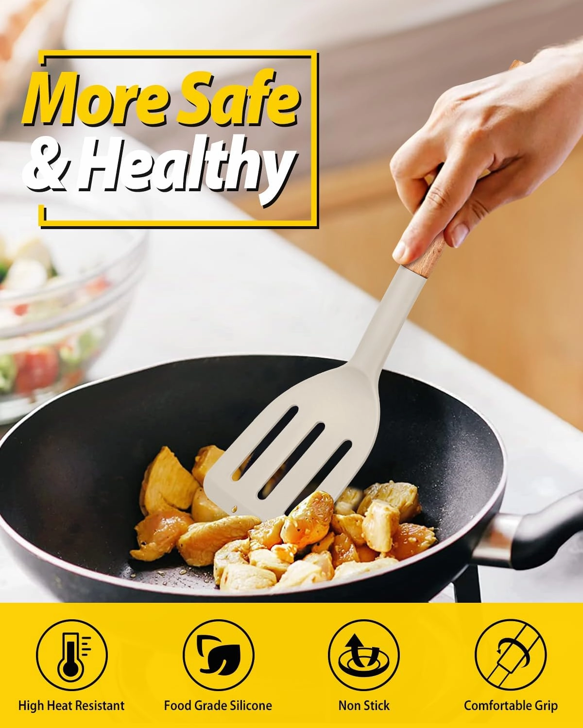 Pack of 4 Silicone Cooking Utensils Set, Non Stick Solid Spatulas and Heat Resistant Slotted Spoons with Wooden Handle, Ideal Wood Kitchen Utensils Set for Frying,Serving,Turning,Stirring (KHAKI)