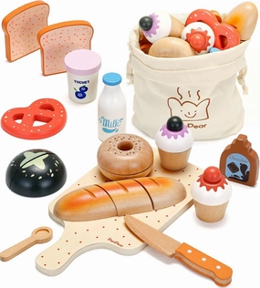 PairPear Wooden Bakery Toy Food Playset for Kids Kitchen, 22 PCS Play Food Kitchen Toys for Toddler 3 , Play Kitchen Accessories with Shopping Bag, Cutting Food Toys Gift for Boys and Girls