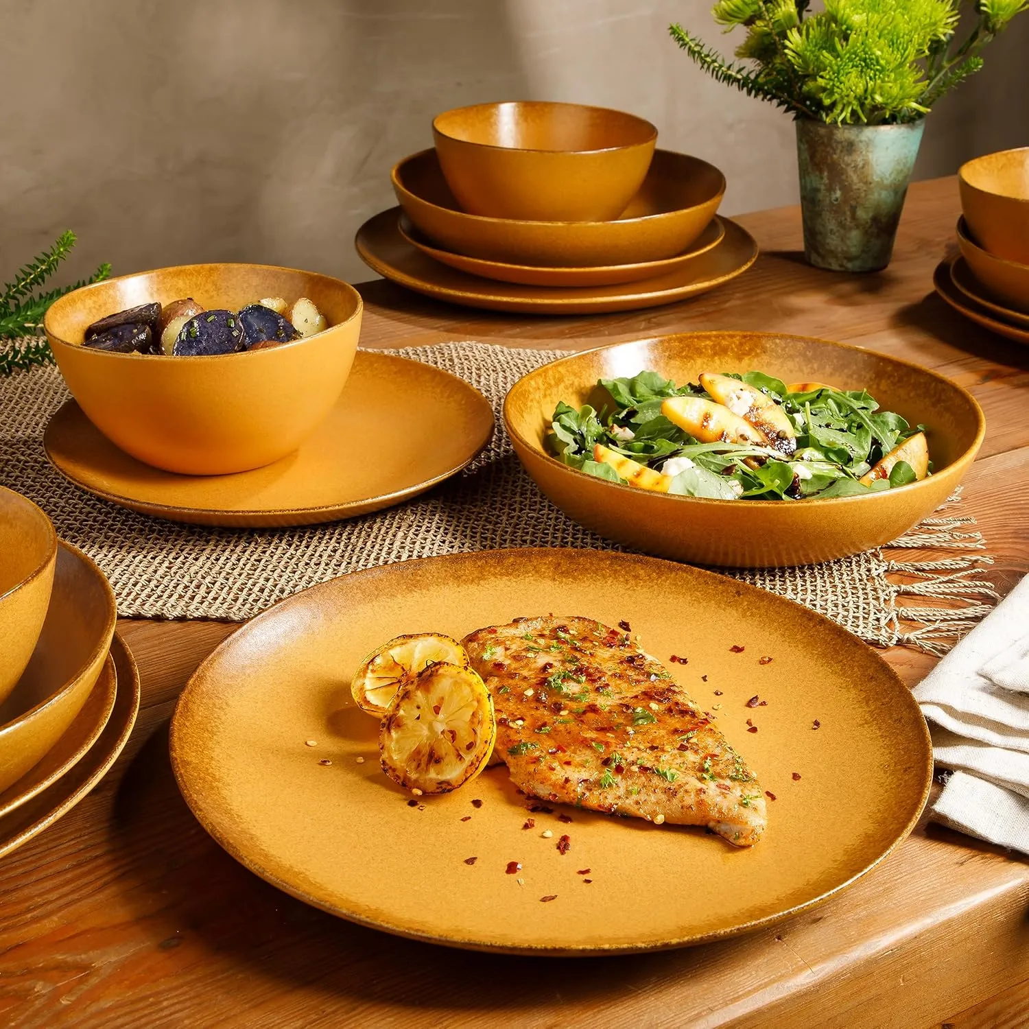 Palermo Sun Double Bowl Stoneware Reactive Glaze Plates and Bowls Dinnerware Set - Tumeric Yellow, Service for Four (16pcs)