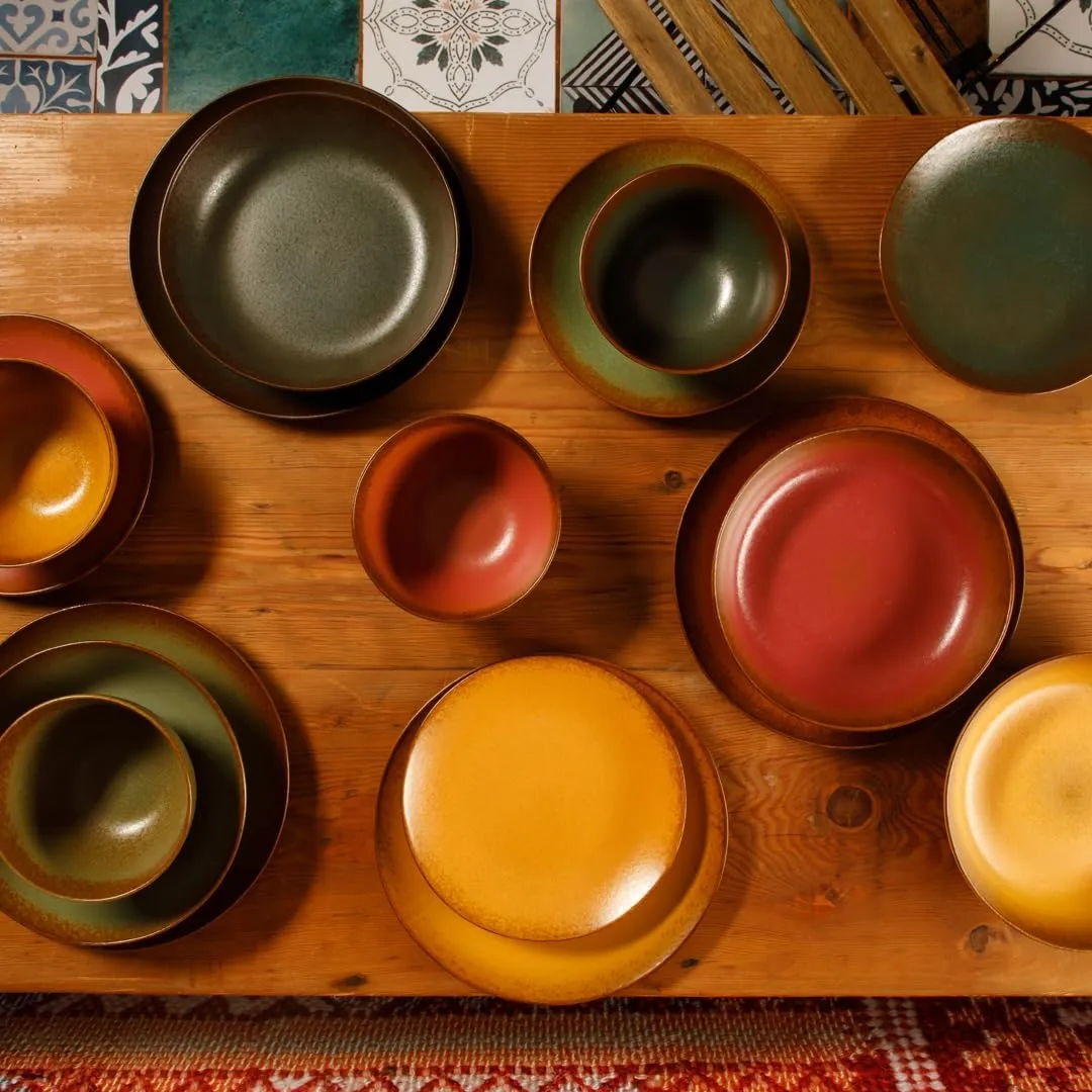Palermo Sun Double Bowl Stoneware Reactive Glaze Plates and Bowls Dinnerware Set - Tumeric Yellow, Service for Four (16pcs)