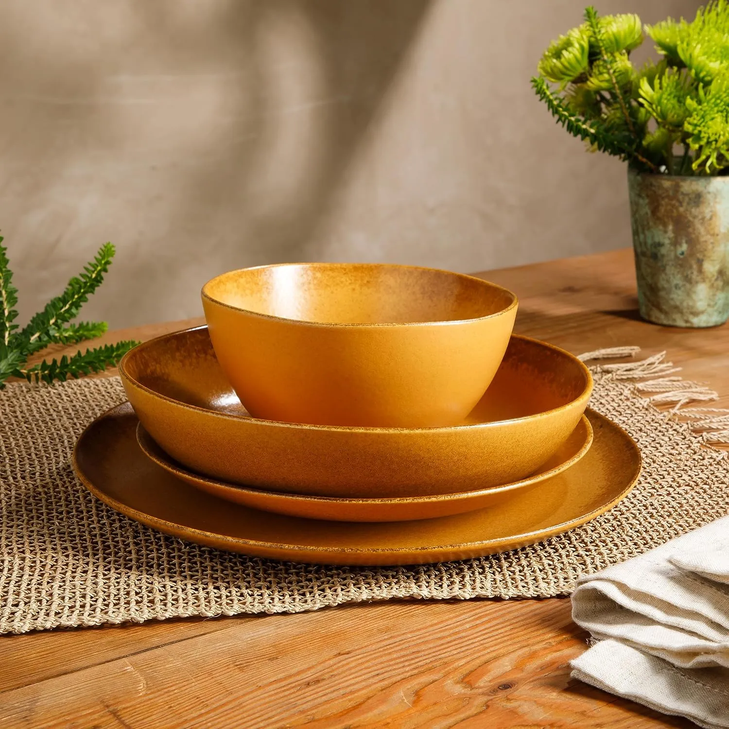 Palermo Sun Double Bowl Stoneware Reactive Glaze Plates and Bowls Dinnerware Set - Tumeric Yellow, Service for Four (16pcs)