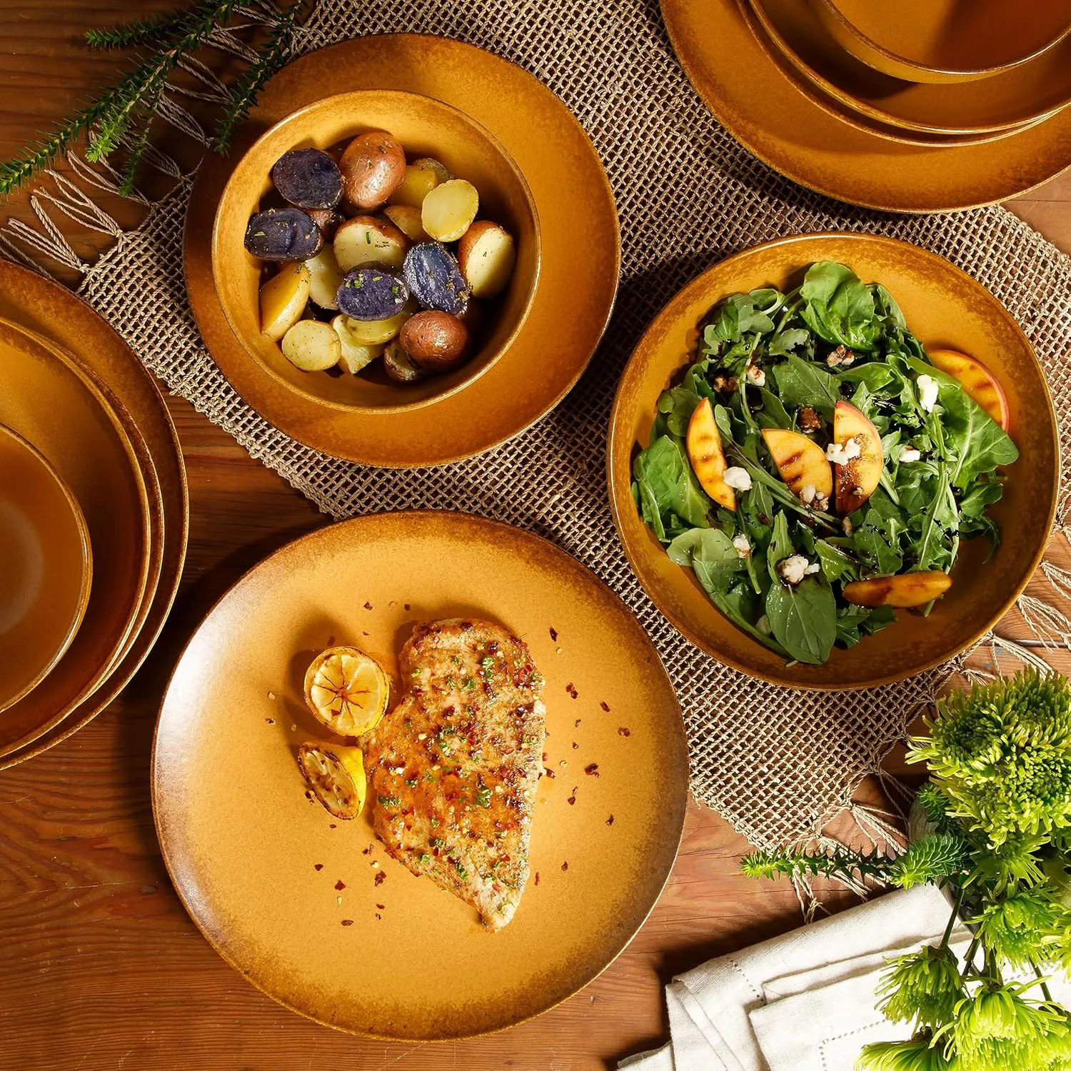 Palermo Sun Double Bowl Stoneware Reactive Glaze Plates and Bowls Dinnerware Set - Tumeric Yellow, Service for Four (16pcs)