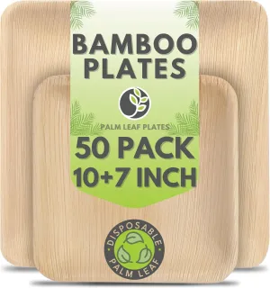 Palm Leaf Plates 10 Inch & 7 Inch Square Bamboo Plates [50-Pack] - Biodegradable and Compostable for Appetizer and Dinner - Disposable Wood Dinnerware Set - Party Pack