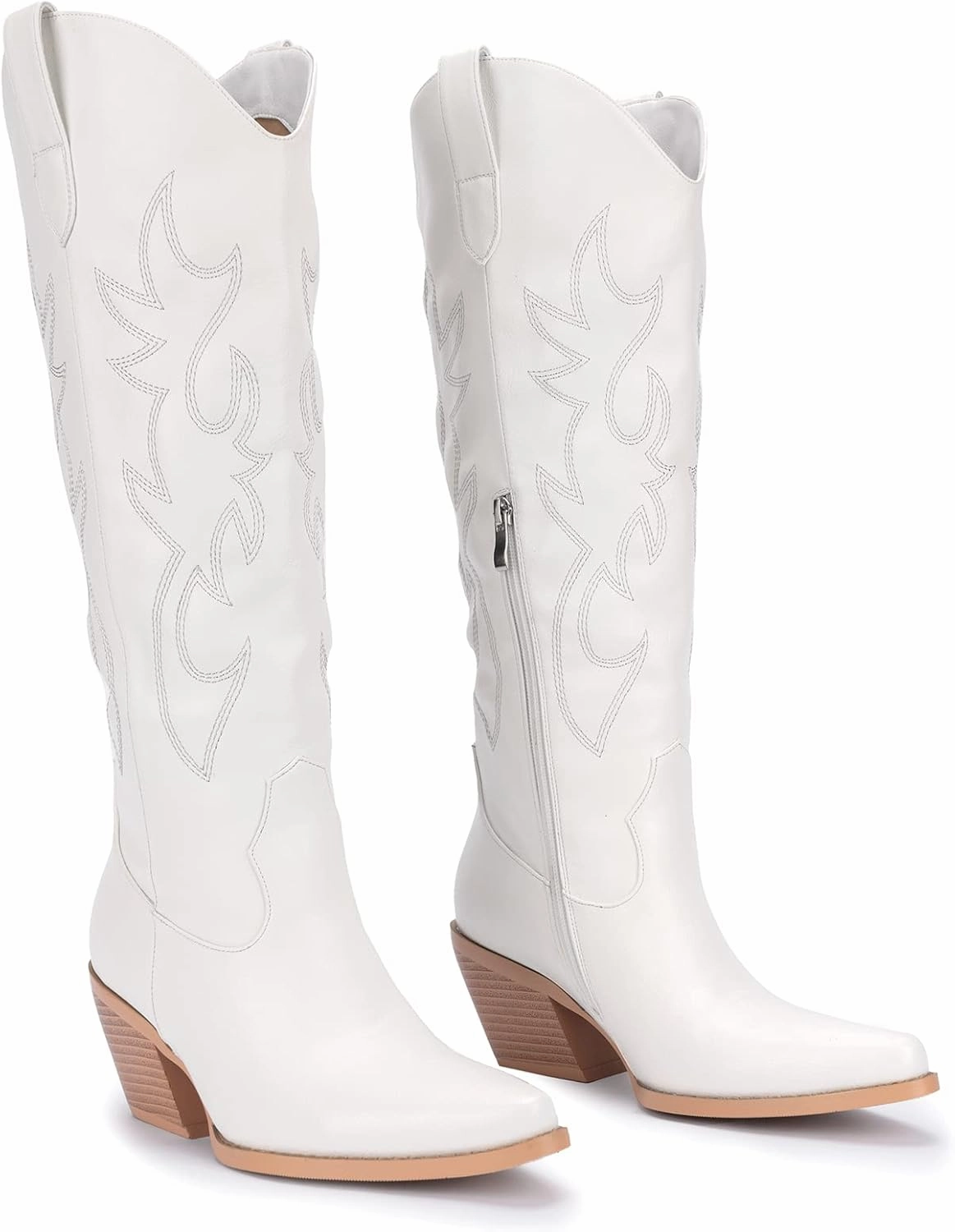 Pasuot Western Cowboy Boots for Women - Knee High Wide Calf Cowgirl Boots with Classic Embroidered, Slip On Pointed Toe Chunky Heel Fashion Retro Classic Pull On Tall Boot for Girls Ladies Fall Winter