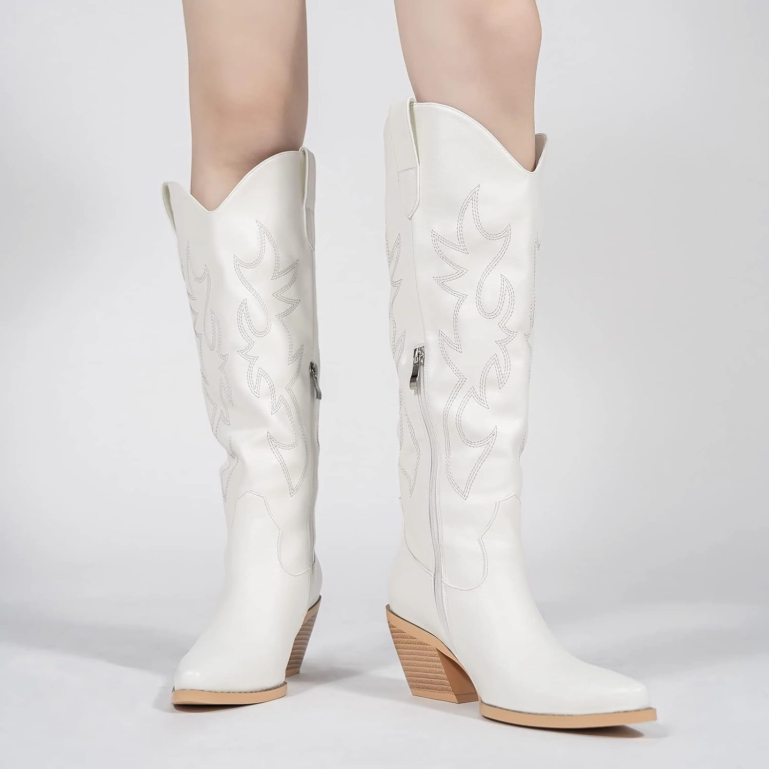 Pasuot Western Cowboy Boots for Women - Knee High Wide Calf Cowgirl Boots with Classic Embroidered, Slip On Pointed Toe Chunky Heel Fashion Retro Classic Pull On Tall Boot for Girls Ladies Fall Winter