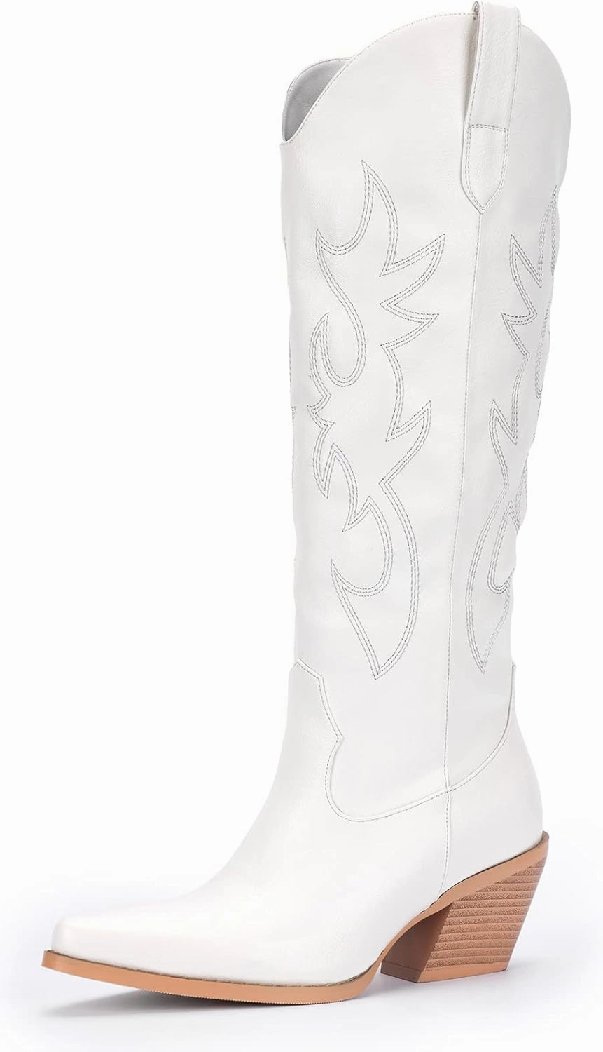 Pasuot Western Cowboy Boots for Women - Knee High Wide Calf Cowgirl Boots with Classic Embroidered, Slip On Pointed Toe Chunky Heel Fashion Retro Classic Pull On Tall Boot for Girls Ladies Fall Winter