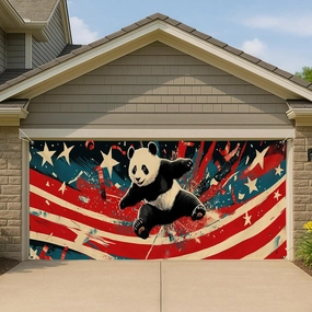 Patriotic Splash Panda Garage Door Cover, Red White Blue Animal Large Garage Banner Decor, Artistic Outdoor Home Decoration 157x71 Inch
