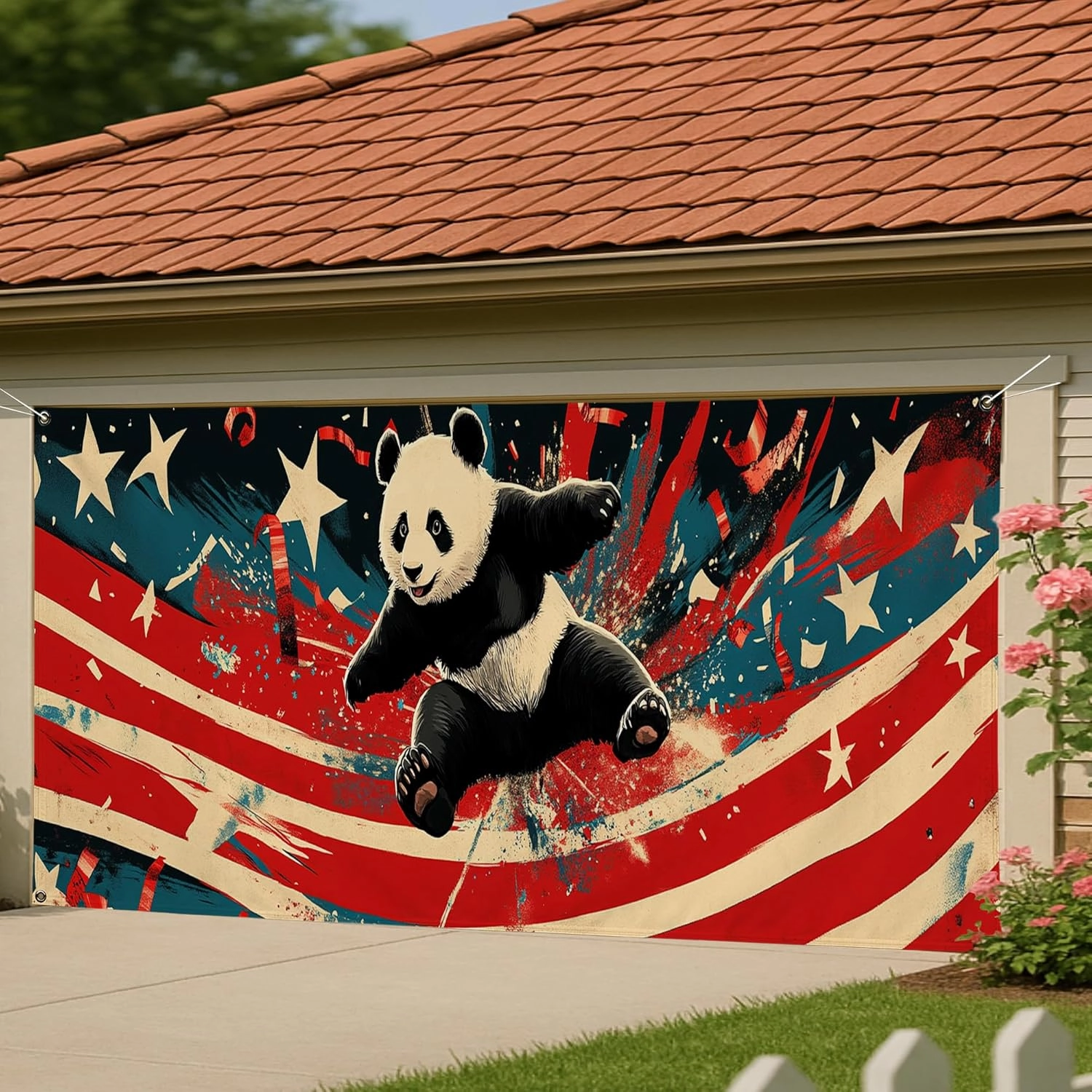 Patriotic Splash Panda Garage Door Cover, Red White Blue Animal Large Garage Banner Decor, Artistic Outdoor Home Decoration 157x71 Inch