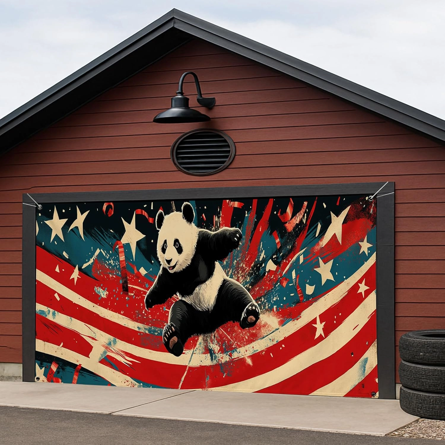 Patriotic Splash Panda Garage Door Cover, Red White Blue Animal Large Garage Banner Decor, Artistic Outdoor Home Decoration 157x71 Inch