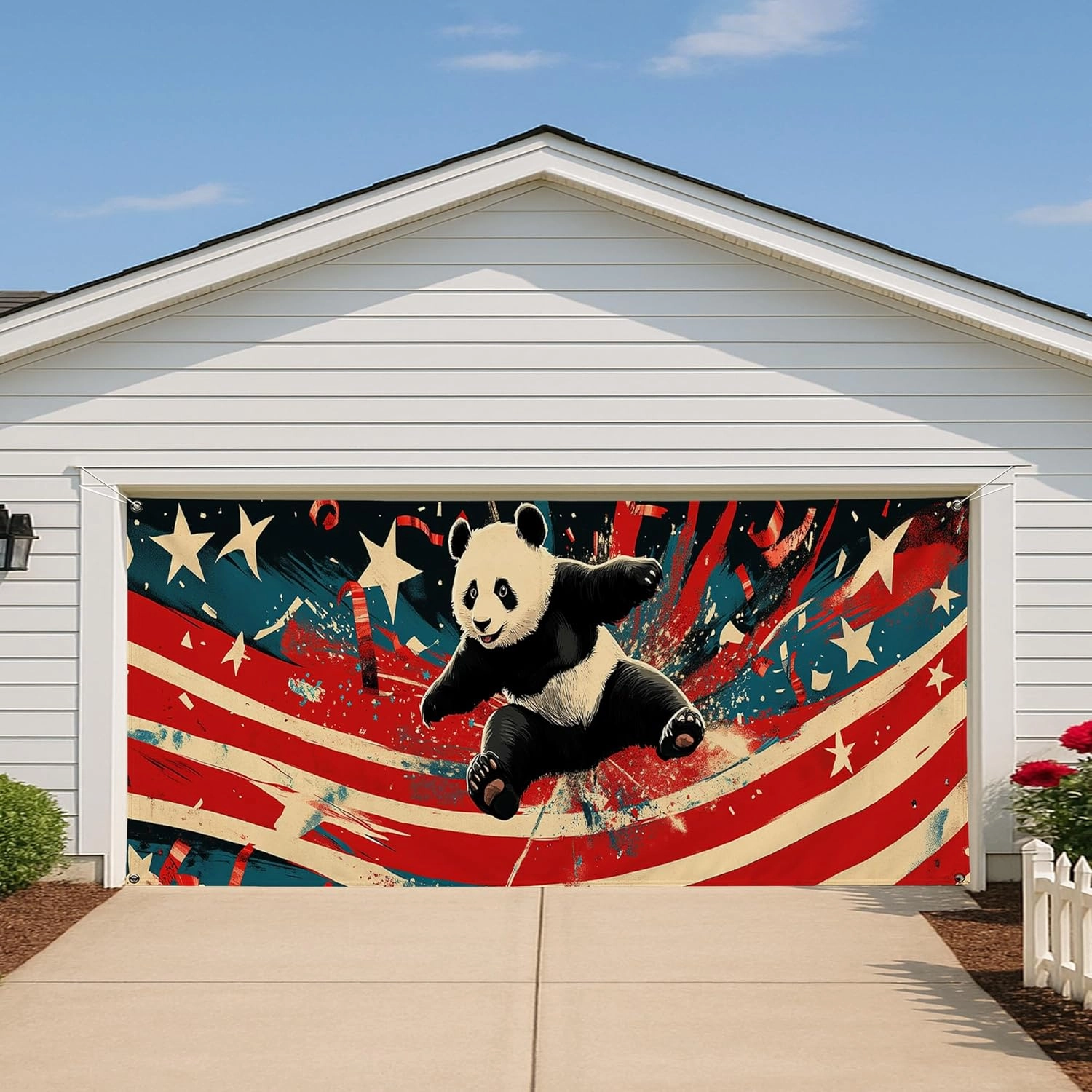 Patriotic Splash Panda Garage Door Cover, Red White Blue Animal Large Garage Banner Decor, Artistic Outdoor Home Decoration 157x71 Inch