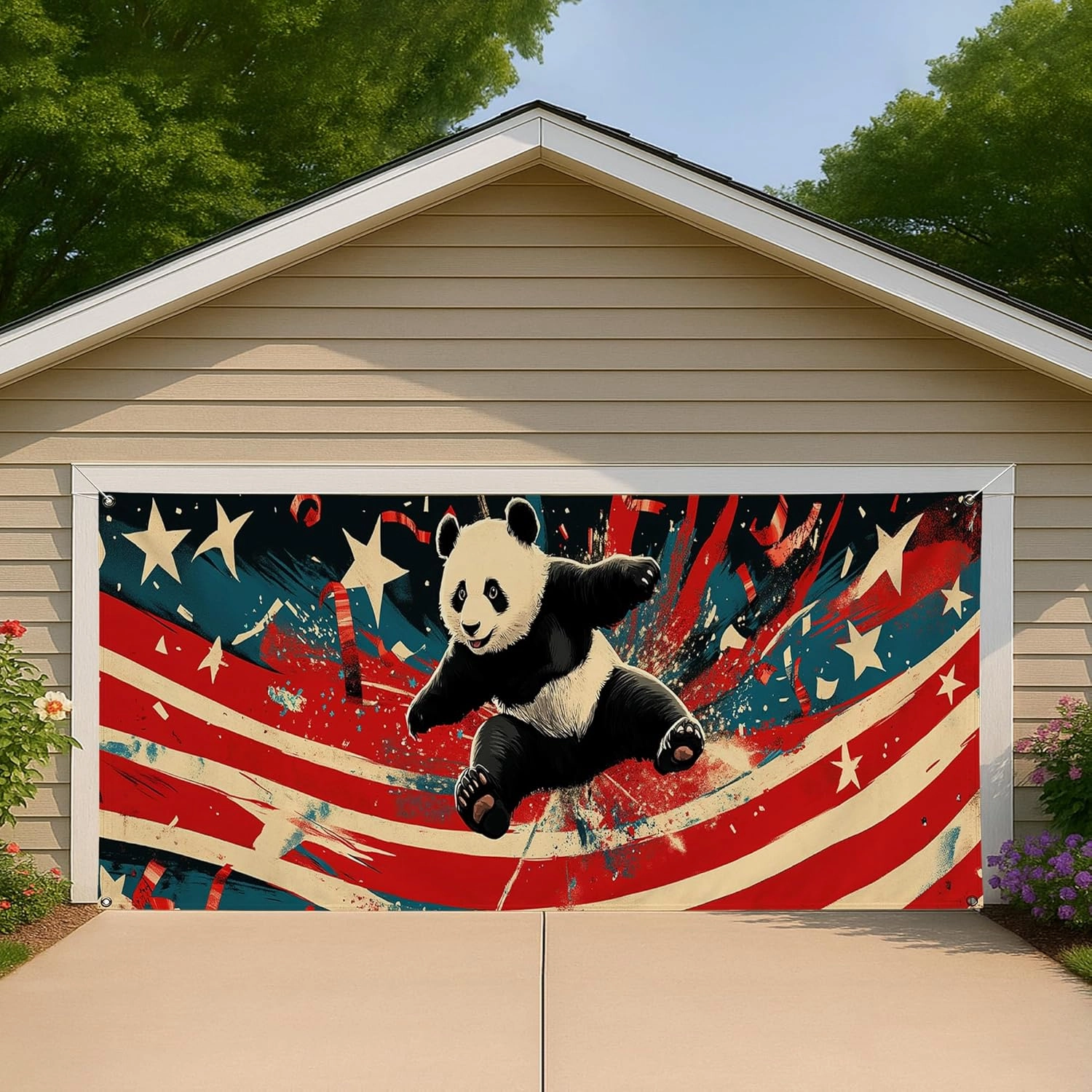 Patriotic Splash Panda Garage Door Cover, Red White Blue Animal Large Garage Banner Decor, Artistic Outdoor Home Decoration 157x71 Inch