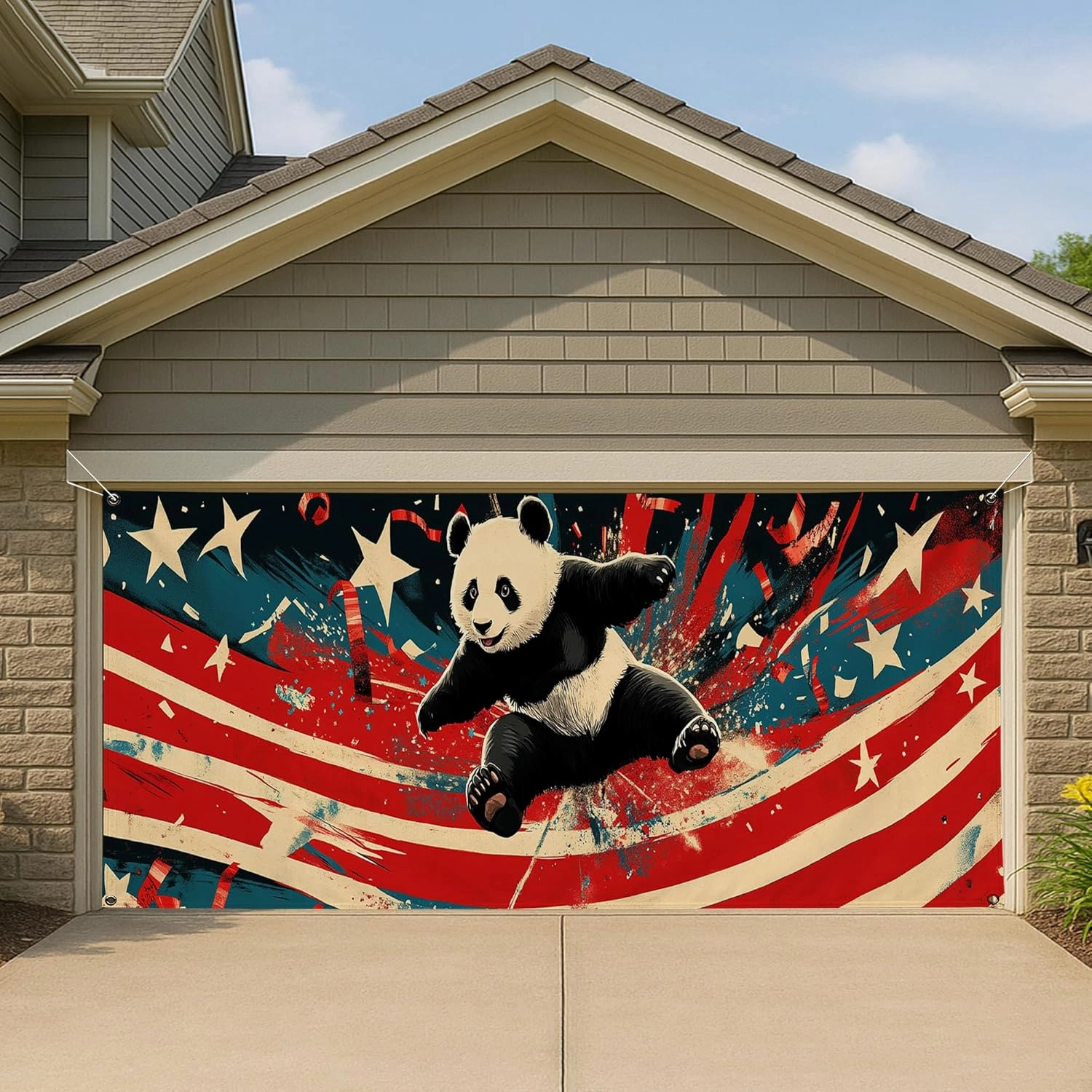Patriotic Splash Panda Garage Door Cover, Red White Blue Animal Large Garage Banner Decor, Artistic Outdoor Home Decoration 157x71 Inch