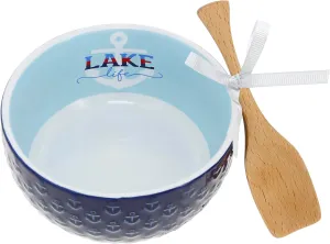 Pavilion Gift Company - Lake Life - 11oz 4.5" Bowl and Beech Spoon Set - Lakeside Cottage Water Waterfront Nautical Stoneware Home Decor Housewarming Summer Kitchenware Serveware
