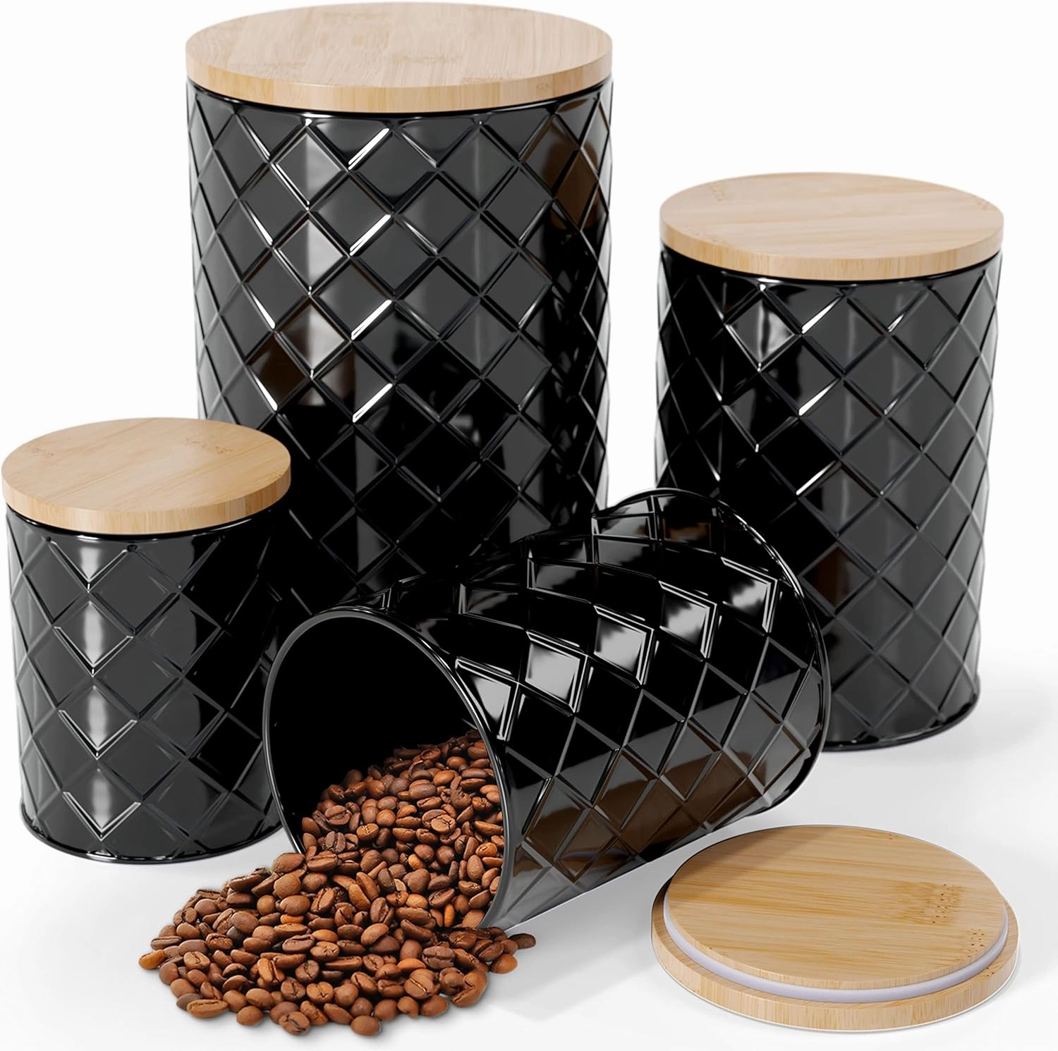 Pebble & Stem® Black Metal Canister Set for the Kitchen Counter, Food Canister Set of 4, Airtight Lids, Sugar and Flour Containers for Countertops, Coffee and Tea Storage, Farmhouse Decor