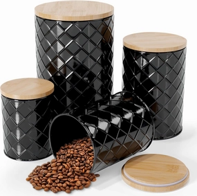 Pebble & Stem® Black Metal Canister Set for the Kitchen Counter, Food Canister Set of 4, Airtight Lids, Sugar and Flour Containers for Countertops, Coffee and Tea Storage, Farmhouse Decor