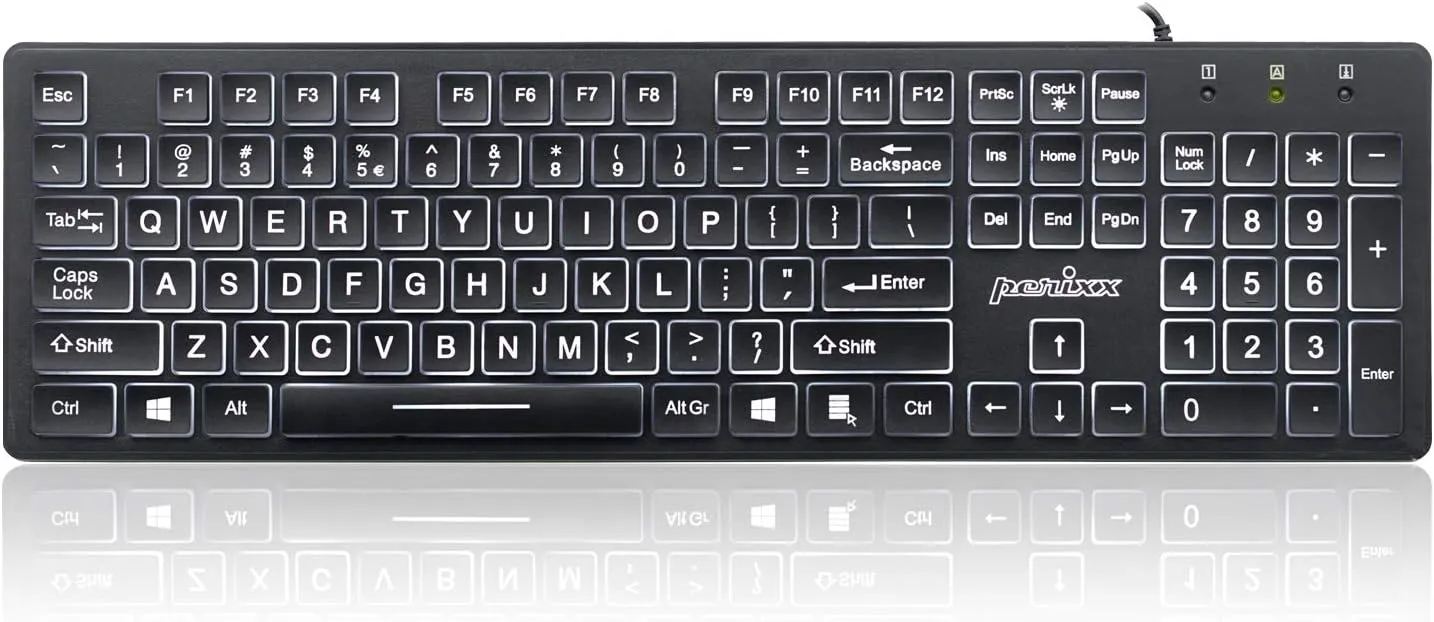 Perixx PERIBOARD-317 Wired Backlit USB Keyboard, Big Print Letter with White Illuminated LED, US English Layout,Black