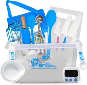 PERLLI Kids Real Cooking Set for Cooking and Baking – 31 Pc. Gift for Junior Chef with Real Utensils, Case & Safe Kids Knife Set for Boys & Girls – Fine Motor Skills & Fun for Children Ages 6 , Blue