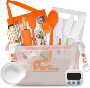 PERLLI Kids Real Cooking Set for Cooking and Baking – 31 Pc. Gift for Junior Chef with Real Utensils, Case & Safe Kids Knife Set for Boys & Girls – Fine Motor Skills & Fun for Children Ages 6 , Orange
