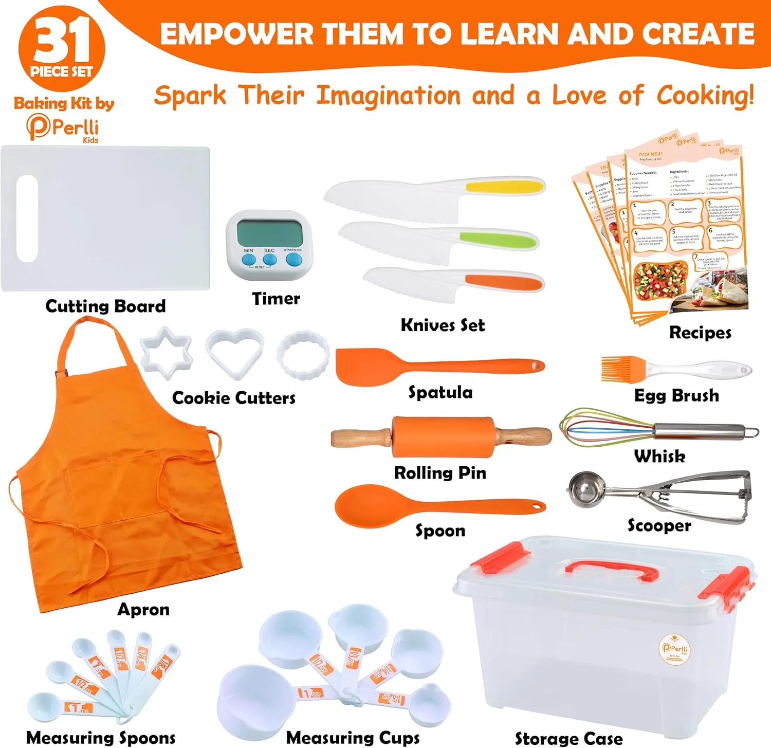 PERLLI Kids Real Cooking Set for Cooking and Baking – 31 Pc. Gift for Junior Chef with Real Utensils, Case & Safe Kids Knife Set for Boys & Girls – Fine Motor Skills & Fun for Children Ages 6 , Orange