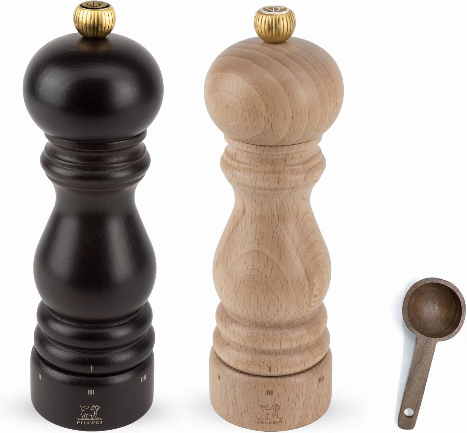 Peugeot Paris u'Select 6 Setting Manual beechwood Salt & Pepper Mill Set With Wooden Spice Scoop Made In France (Chocolate & Natural, 7- Inch)