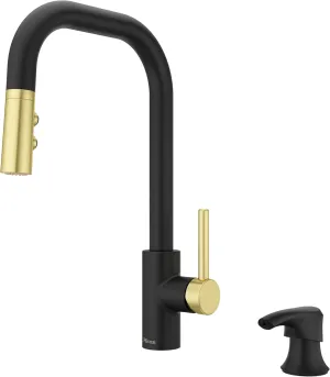 Pfister Zanna Kitchen Faucet with Pull Down Sprayer and Soap Dispenser, Single Handle, High Arc, Matte Black and Brushed Gold Finish, F5297ZNRBBG