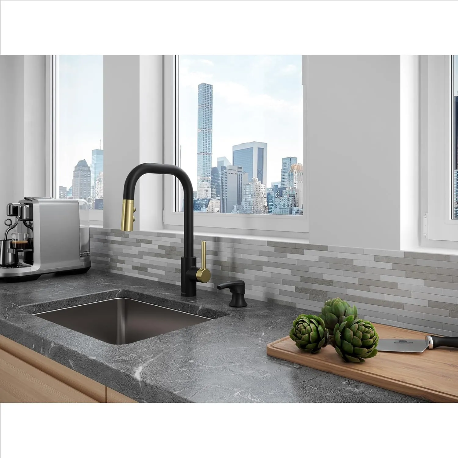 Pfister Zanna Kitchen Faucet with Pull Down Sprayer and Soap Dispenser, Single Handle, High Arc, Matte Black and Brushed Gold Finish, F5297ZNRBBG