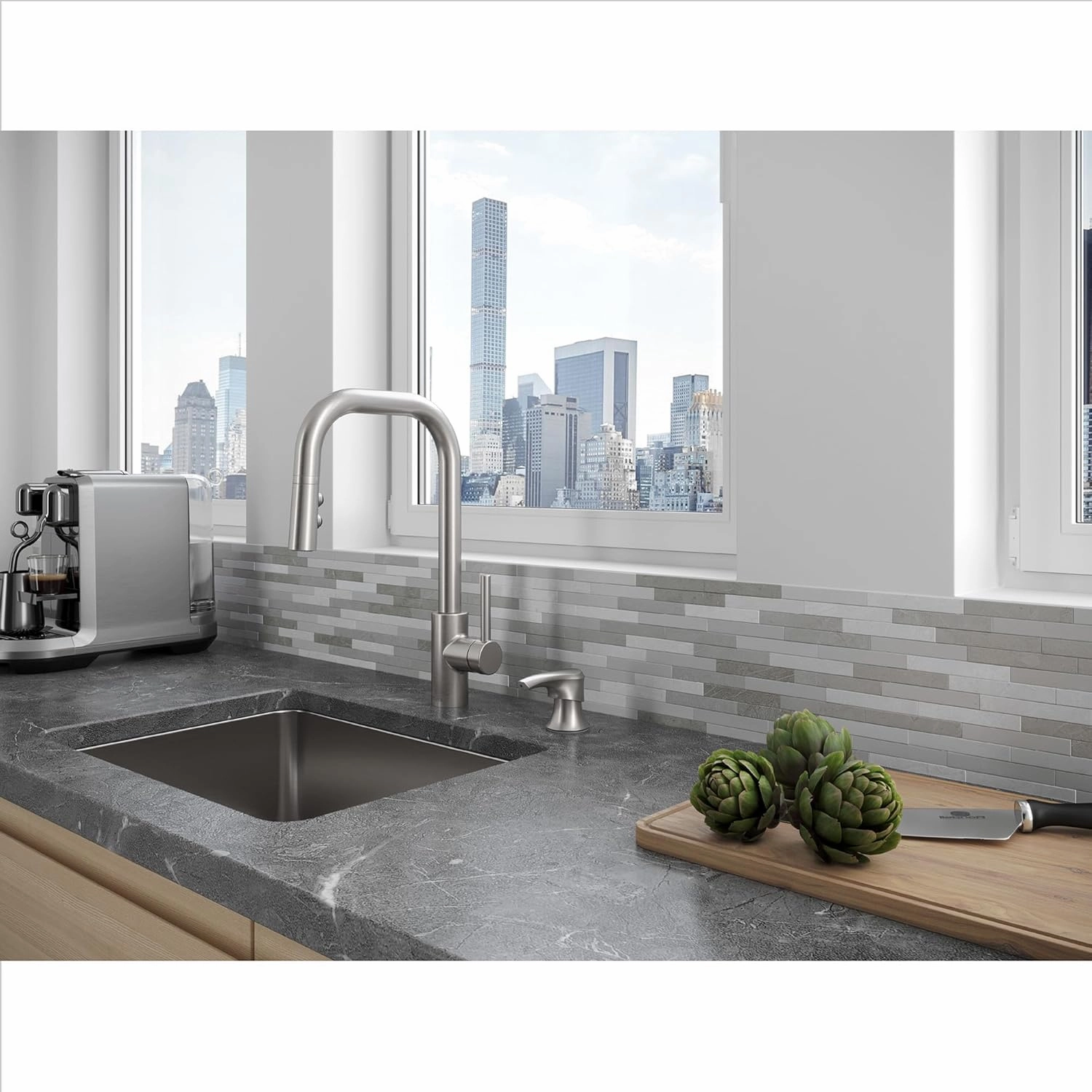 Pfister Zanna Kitchen Faucet with Pull Down Sprayer and Soap Dispenser, Single Handle, High Arc, Spot Defense Stainless Steel Finish, F5297ZNRGS
