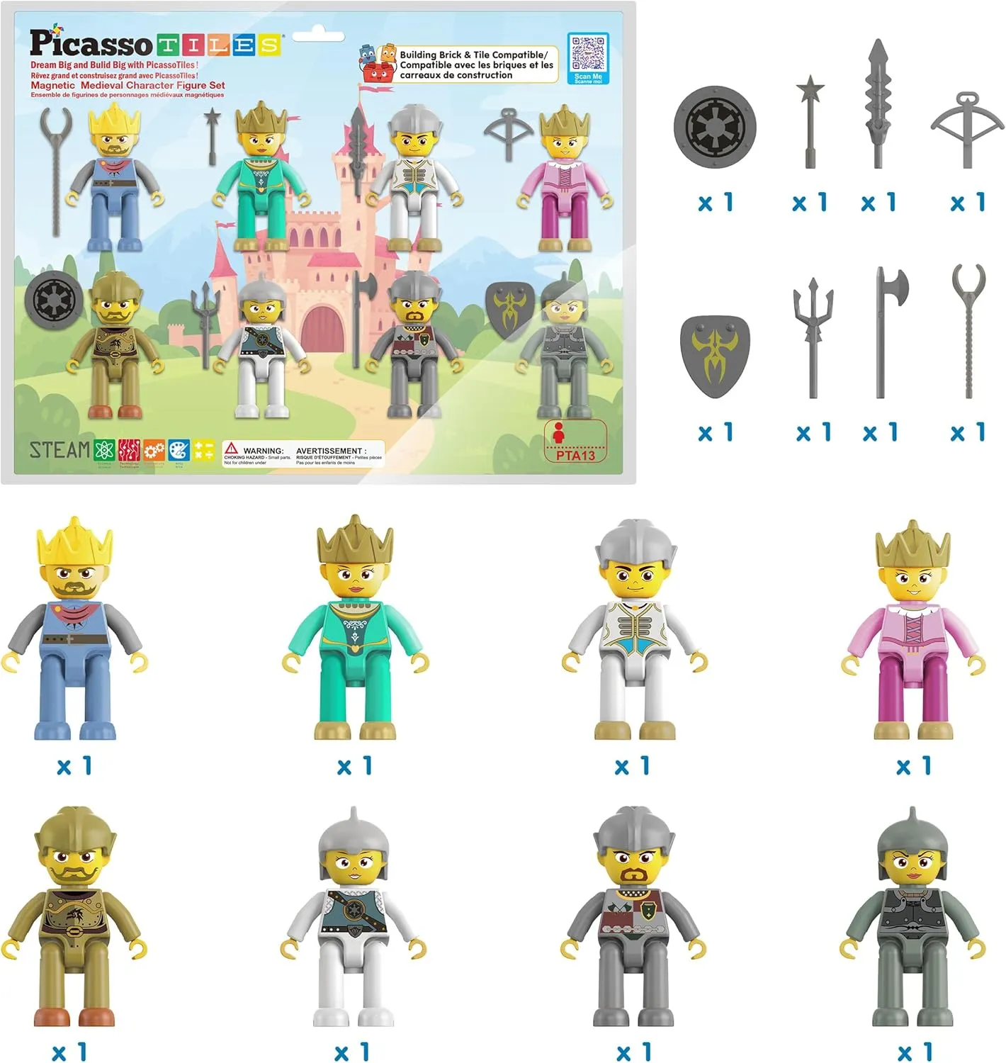Picasso Toys Magnetic Action Figures Medieval King and Knights Character for Building Blocks Tiles Construction Toddler Toy Set Magnets Expansion Pack Educational STEM Pretend Playset PTA13