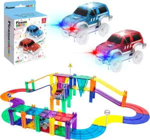 PicassoTiles 50PC Magnetic Race Car Track   2PC LED Light Up Truck Cars, Fun & Creative Playset: STEAM Learning, Enhance Construction Skills, Hand-Eye Coordination and Fine Motor Skills, Toy Gift Idea