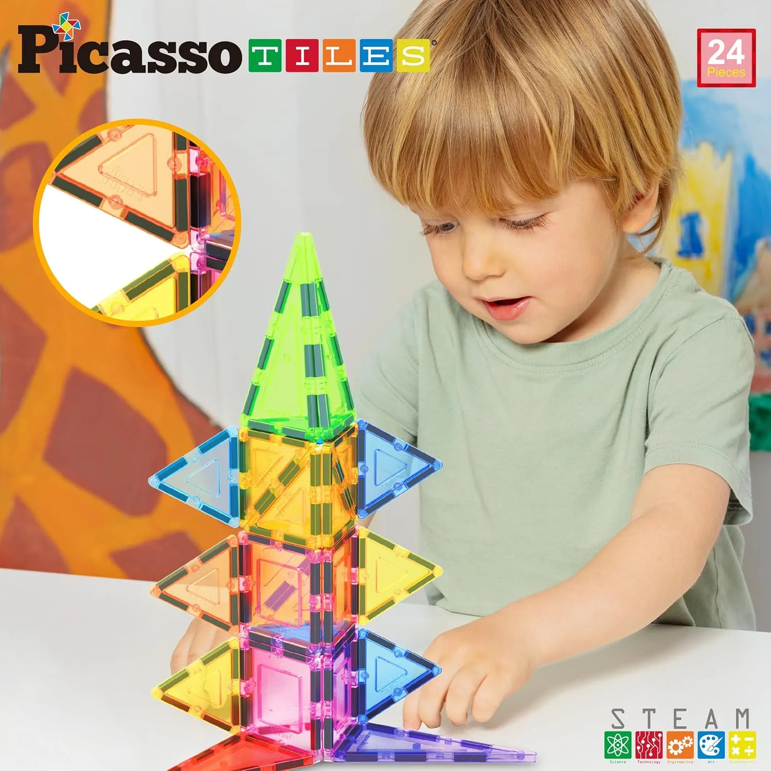 PicassoTiles Magnet Tile Building Block Set Magnetic Construction Square Triangle Tiles Toy Kit Sparking Creativity Geometric Shapes STEM Educational Learning Brain Development Kids Ages 3  PB24