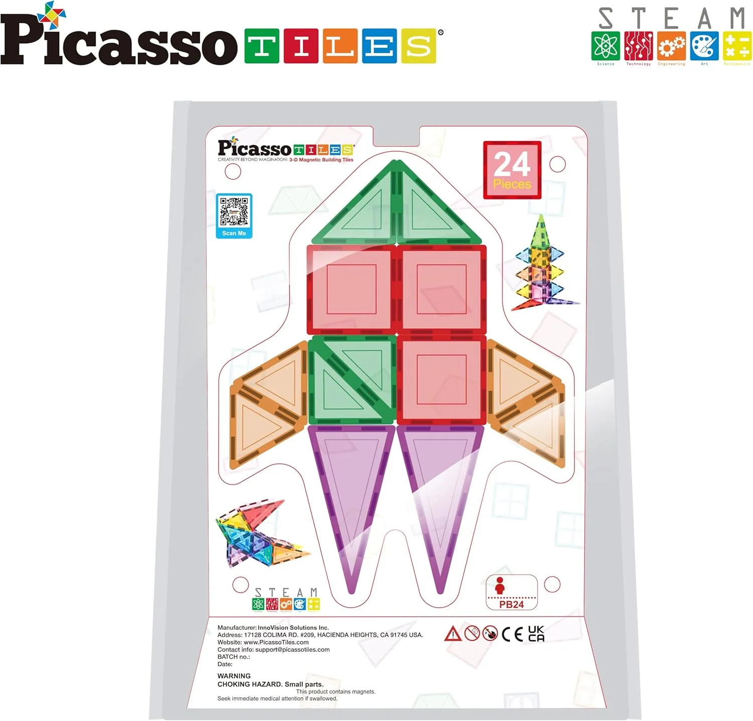 PicassoTiles Magnet Tile Building Block Set Magnetic Construction Square Triangle Tiles Toy Kit Sparking Creativity Geometric Shapes STEM Educational Learning Brain Development Kids Ages 3  PB24