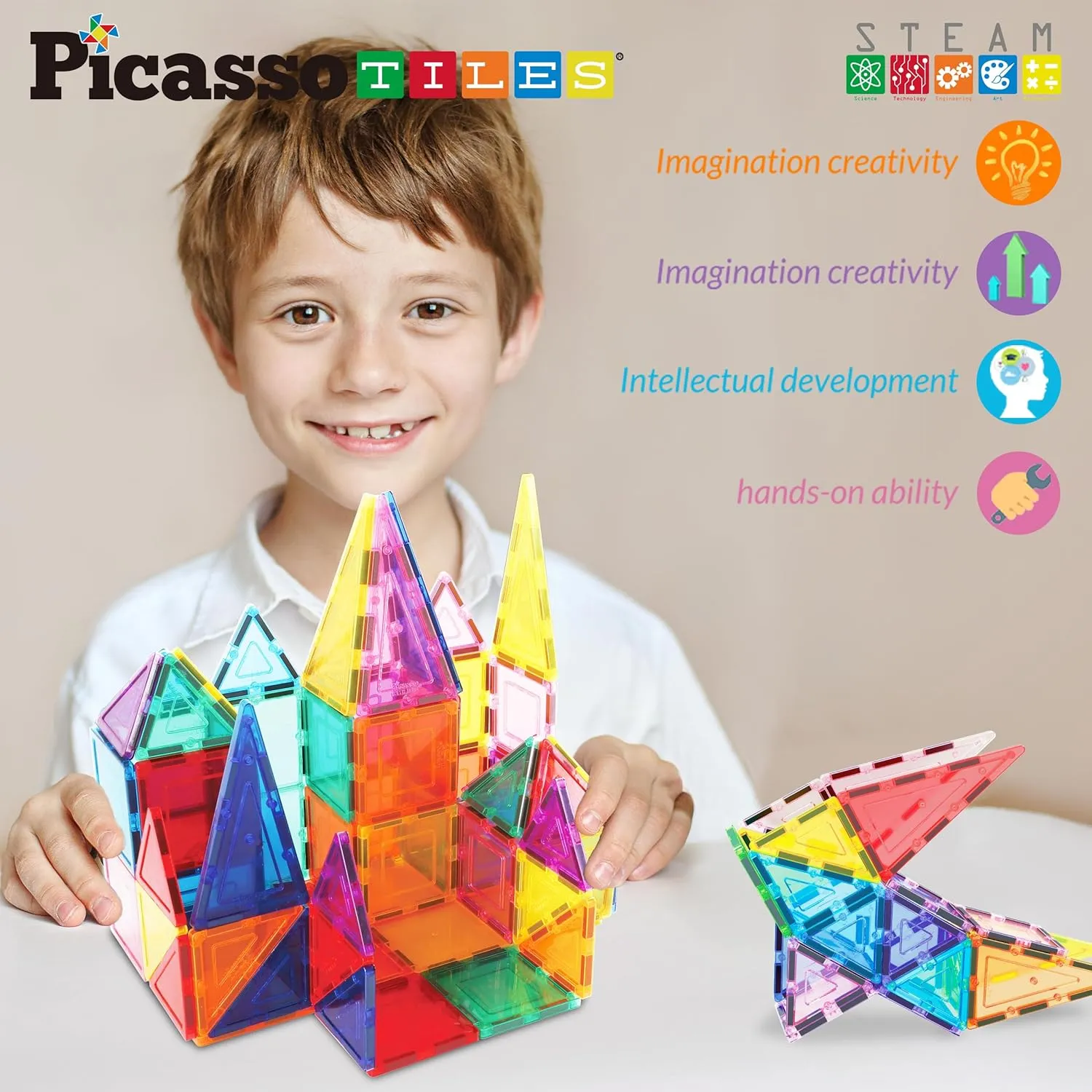 PicassoTiles Magnet Tile Building Block Set Magnetic Construction Square Triangle Tiles Toy Kit Sparking Creativity Geometric Shapes STEM Educational Learning Brain Development Kids Ages 3  PB24