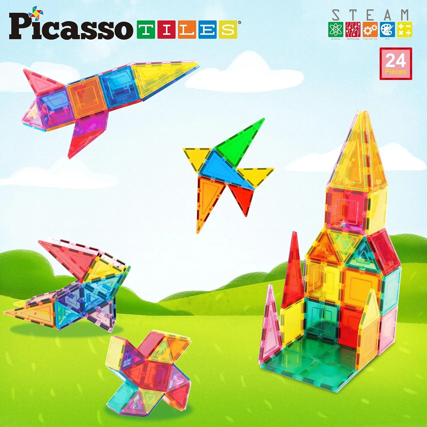 PicassoTiles Magnet Tile Building Block Set Magnetic Construction Square Triangle Tiles Toy Kit Sparking Creativity Geometric Shapes STEM Educational Learning Brain Development Kids Ages 3  PB24