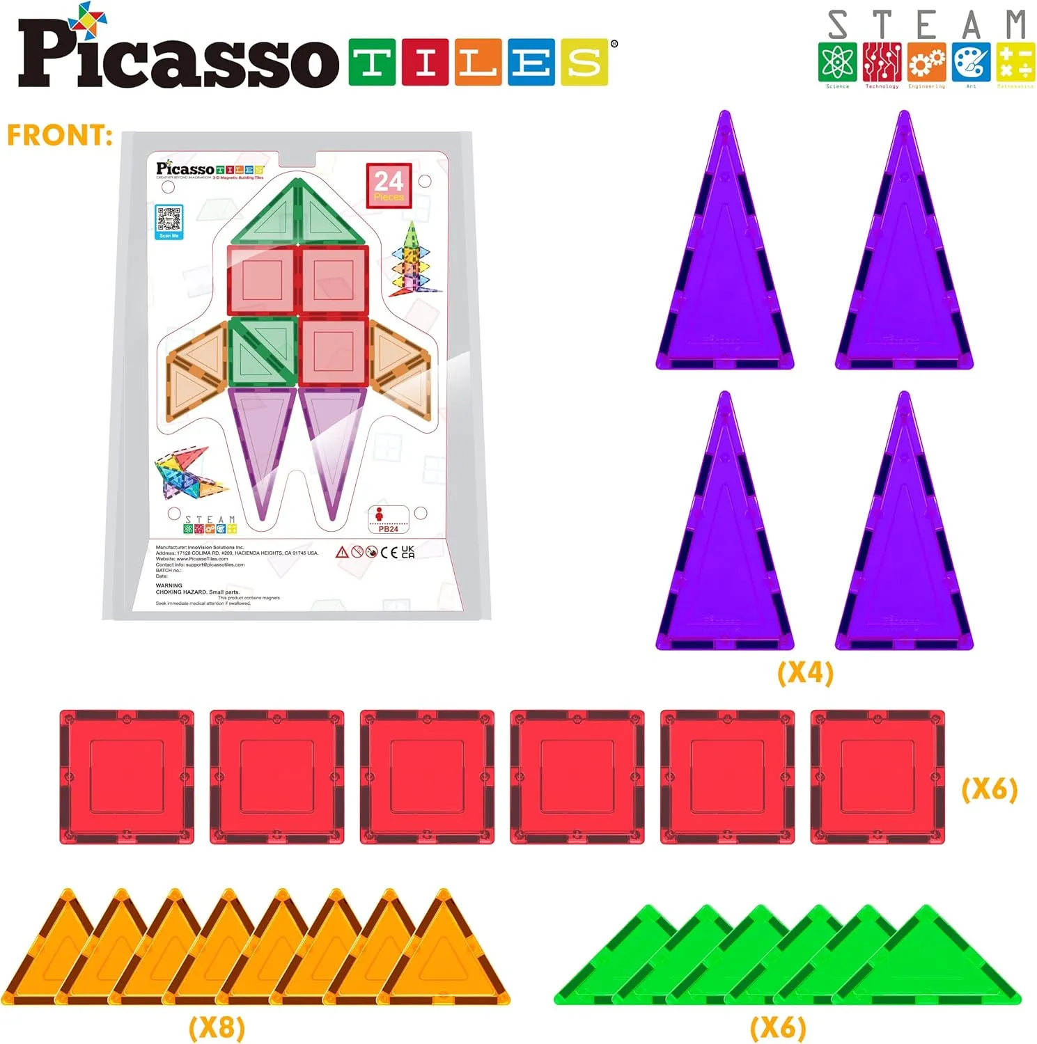 PicassoTiles Magnet Tile Building Block Set Magnetic Construction Square Triangle Tiles Toy Kit Sparking Creativity Geometric Shapes STEM Educational Learning Brain Development Kids Ages 3  PB24