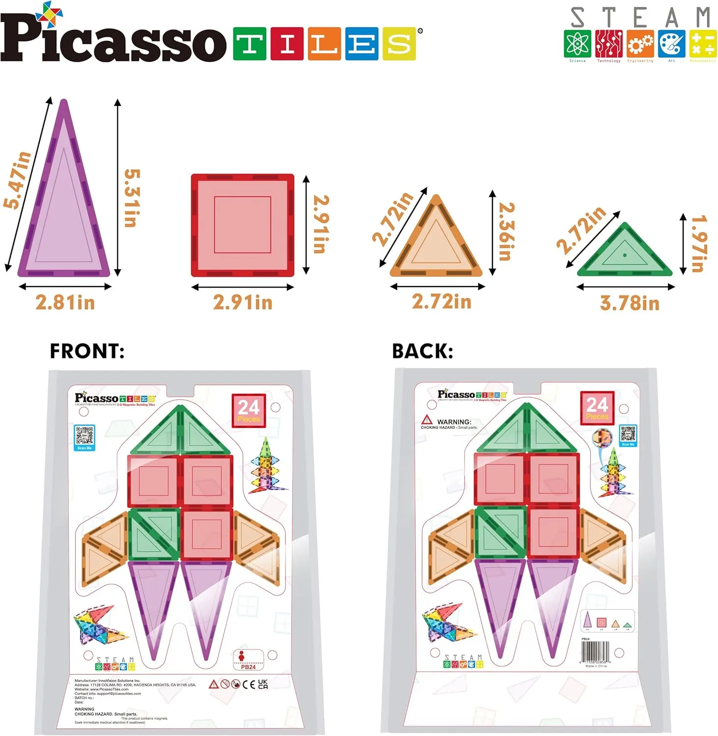 PicassoTiles Magnet Tile Building Block Set Magnetic Construction Square Triangle Tiles Toy Kit Sparking Creativity Geometric Shapes STEM Educational Learning Brain Development Kids Ages 3  PB24