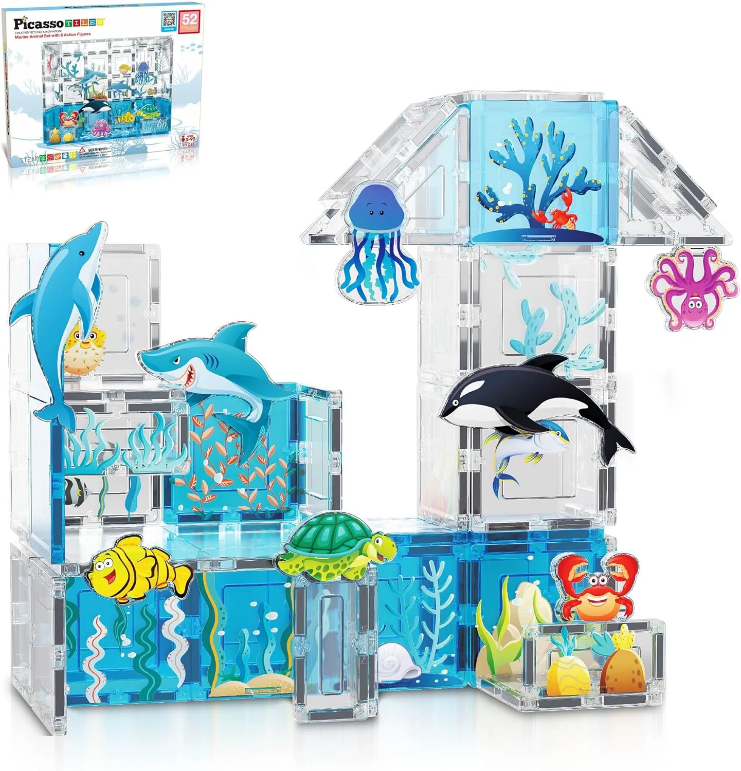PicassoTiles Magnet Tiles Magnetic Building Blocks Aquarium Marine Animal Theme Set with 8 Character Action Figures Shark Crab Turtle STEM Toys Construction Preschool Toddlers Kids Boys Girls 3  PTQ15