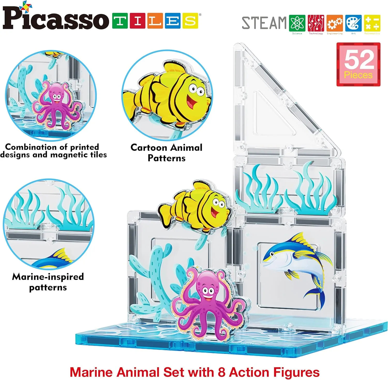 PicassoTiles Magnet Tiles Magnetic Building Blocks Aquarium Marine Animal Theme Set with 8 Character Action Figures Shark Crab Turtle STEM Toys Construction Preschool Toddlers Kids Boys Girls 3  PTQ15