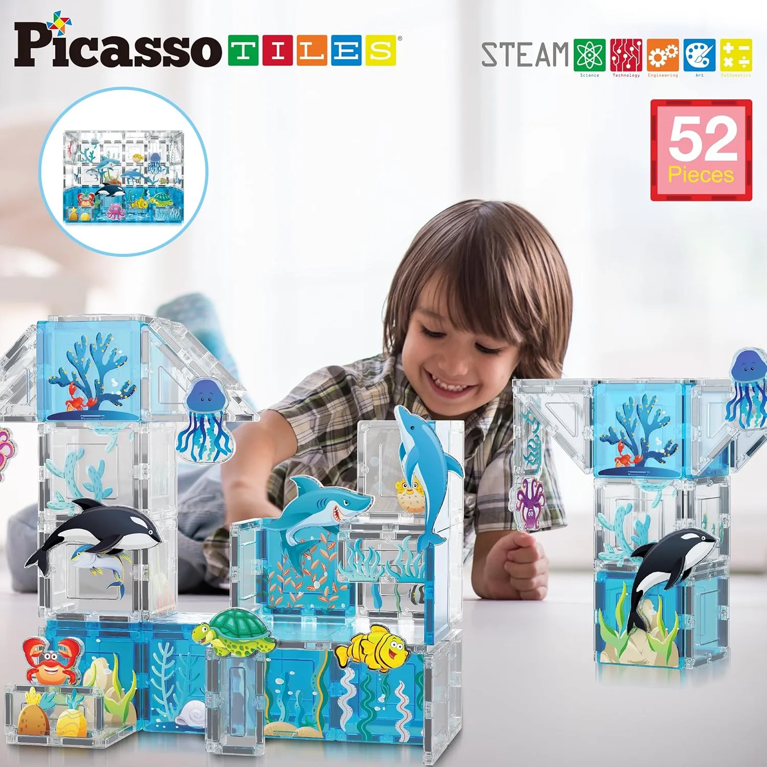 PicassoTiles Magnet Tiles Magnetic Building Blocks Aquarium Marine Animal Theme Set with 8 Character Action Figures Shark Crab Turtle STEM Toys Construction Preschool Toddlers Kids Boys Girls 3  PTQ15