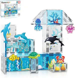 PicassoTiles Magnet Tiles Magnetic Building Blocks Aquarium Marine Animal Theme Set with 8 Character Action Figures Shark Crab Turtle STEM Toys Construction Preschool Toddlers Kids Boys Girls 3  PTQ15