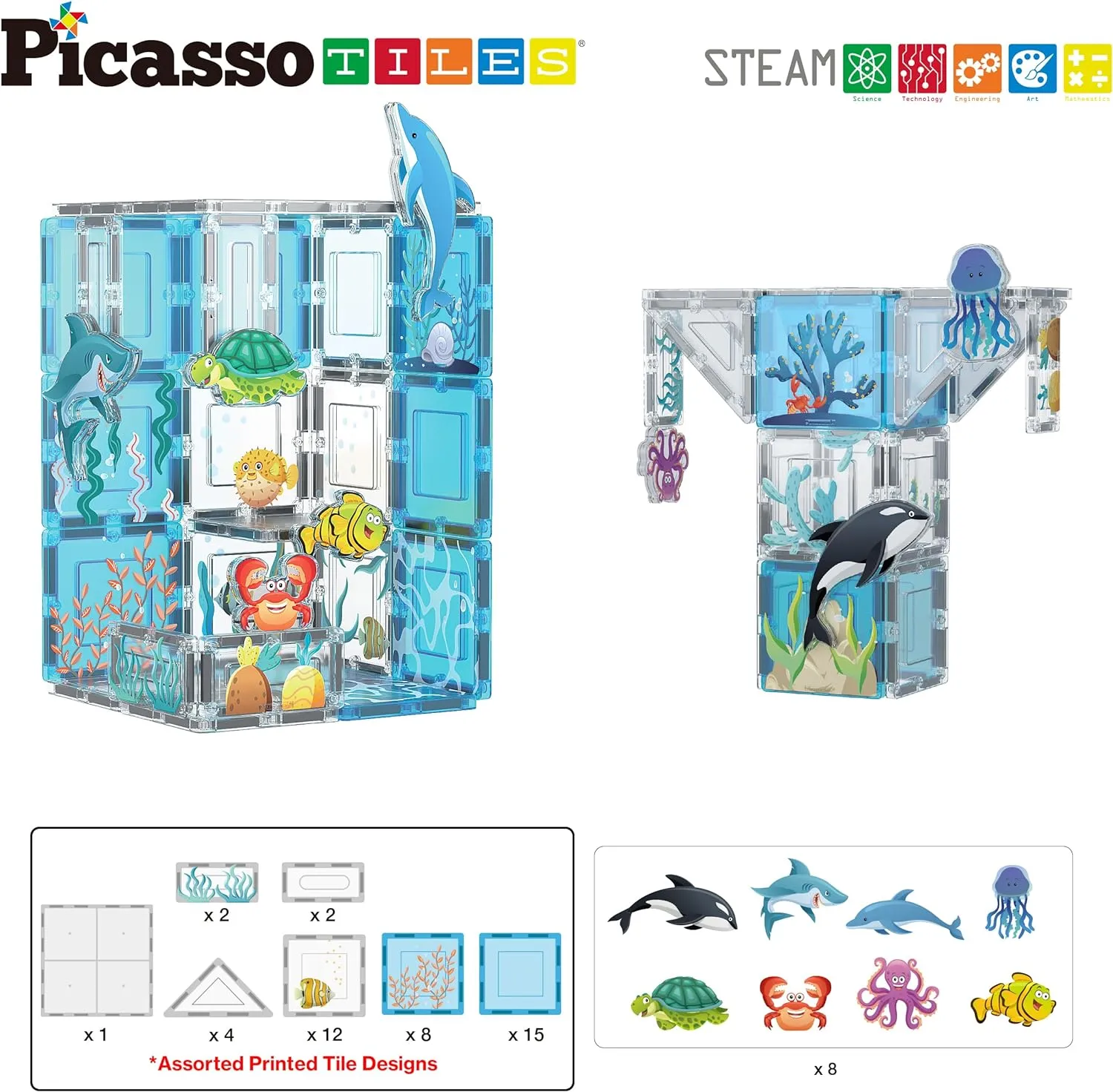 PicassoTiles Magnet Tiles Magnetic Building Blocks Aquarium Marine Animal Theme Set with 8 Character Action Figures Shark Crab Turtle STEM Toys Construction Preschool Toddlers Kids Boys Girls 3  PTQ15