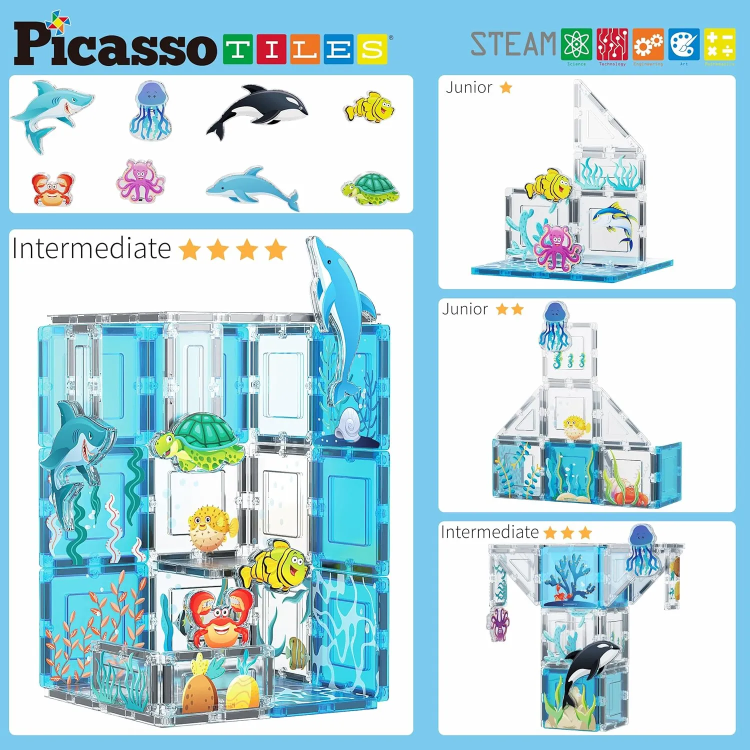 PicassoTiles Magnet Tiles Magnetic Building Blocks Aquarium Marine Animal Theme Set with 8 Character Action Figures Shark Crab Turtle STEM Toys Construction Preschool Toddlers Kids Boys Girls 3  PTQ15