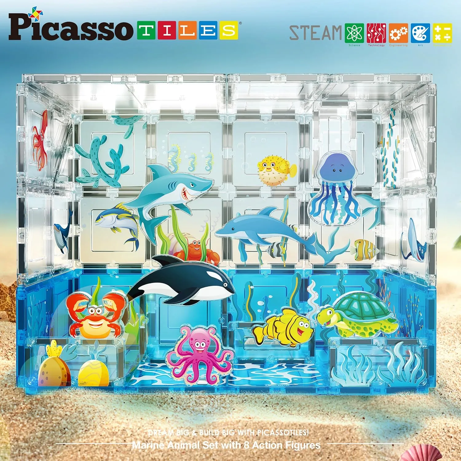 PicassoTiles Magnet Tiles Magnetic Building Blocks Aquarium Marine Animal Theme Set with 8 Character Action Figures Shark Crab Turtle STEM Toys Construction Preschool Toddlers Kids Boys Girls 3  PTQ15