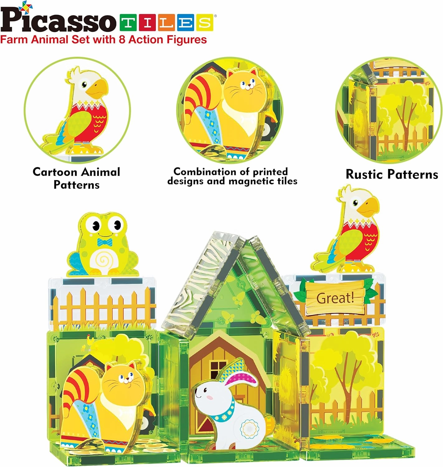 PicassoTiles Magnet Tile Building Blocks Printed Fall Farm Themed Animal Toy Set with 8 Farmyard Animals Character Action Figures Magnetic Tiles STEM Learning Fun Playset for Toddlers, Ages 3 