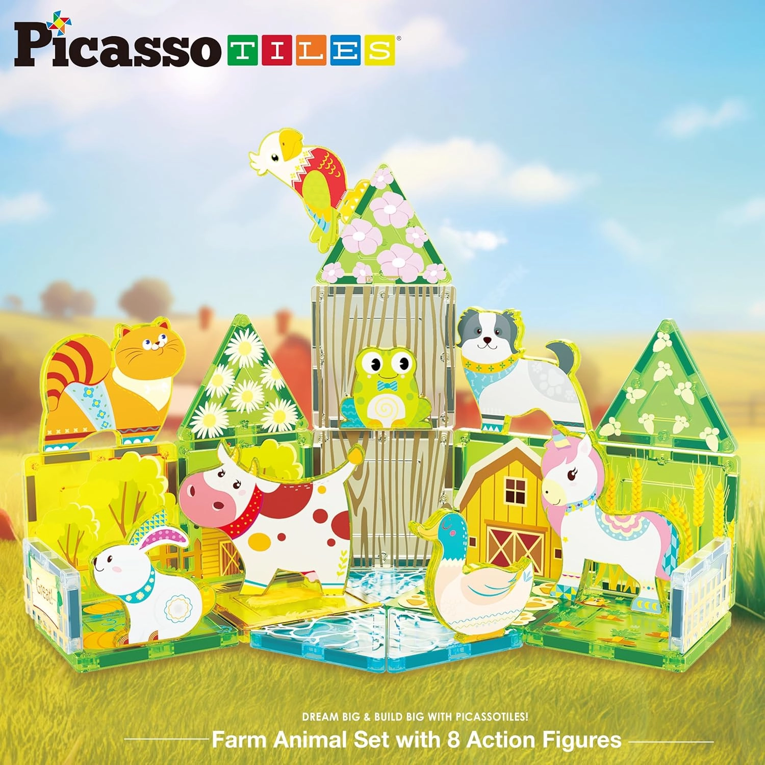 PicassoTiles Magnet Tile Building Blocks Printed Fall Farm Themed Animal Toy Set with 8 Farmyard Animals Character Action Figures Magnetic Tiles STEM Learning Fun Playset for Toddlers, Ages 3 