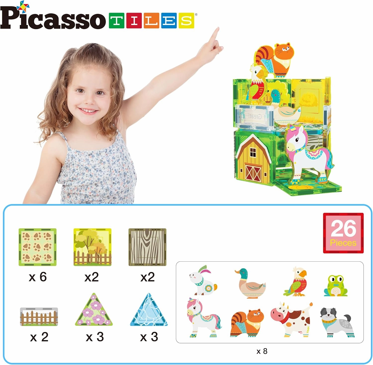 PicassoTiles Magnet Tile Building Blocks Printed Fall Farm Themed Animal Toy Set with 8 Farmyard Animals Character Action Figures Magnetic Tiles STEM Learning Fun Playset for Toddlers, Ages 3 