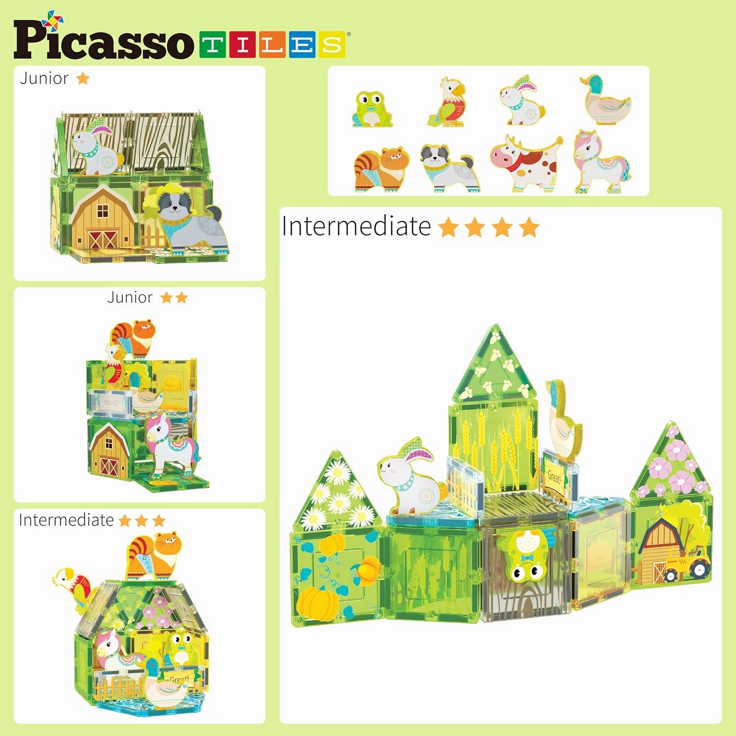 PicassoTiles Magnet Tile Building Blocks Printed Fall Farm Themed Animal Toy Set with 8 Farmyard Animals Character Action Figures Magnetic Tiles STEM Learning Fun Playset for Toddlers, Ages 3 