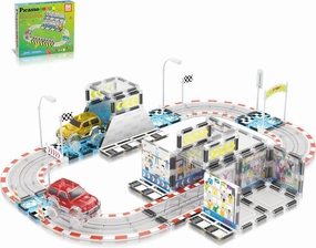 PicassoTiles Magnet Tile Race Car Track Construction Toy Blocks with 2 Trucks Accessory Street Sign Add-on Kit Magnetic Building Tiles Stadium Seat Playset STEAM Fine Motor Learning Kids Age 3  PTQ05