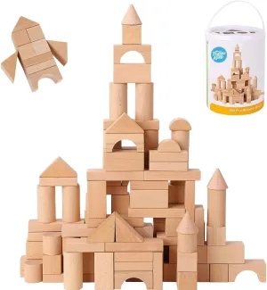 Pidoko Kids Wooden Blocks - 100 Pcs - Building Blocks for Toddlers - Includes Storage Container with Shape Sorter Lid - Natural Beech Wood Blocks - Preschool Learning Toys Stacking Block
