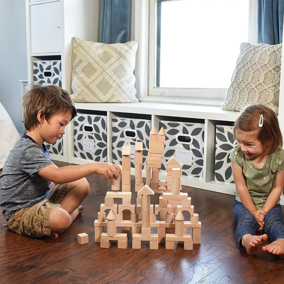 Pidoko Kids Wooden Blocks - 100 Pcs - Building Blocks for Toddlers - Includes Storage Container with Shape Sorter Lid - Natural Beech Wood Blocks - Preschool Learning Toys Stacking Block